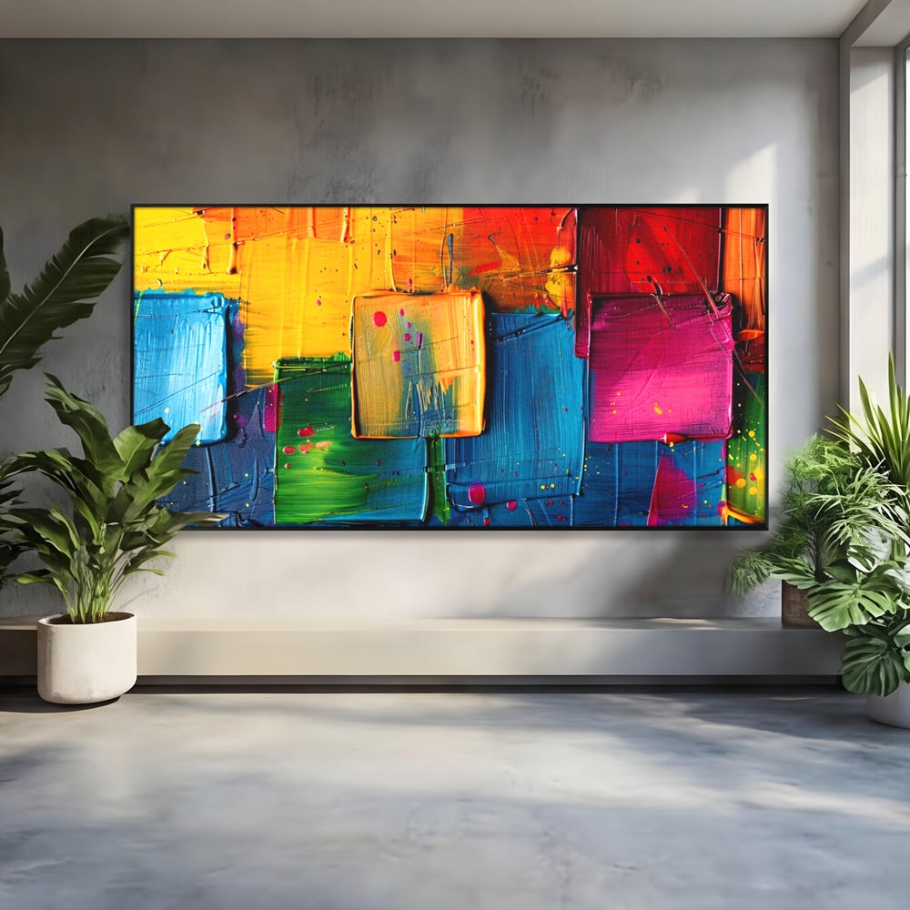 Tablou canvas cu pictura abstracta cu patrate colorate in relief, in rama de aluminiu negru